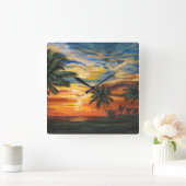 Atemberaubender tropischer Sonnenuntergang Quadratische Wanduhr (Zuhause)