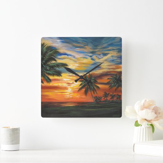 Atemberaubender tropischer Sonnenuntergang Quadratische Wanduhr (Zuhause)