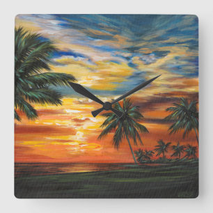 Atemberaubender tropischer Sonnenuntergang Quadratische Wanduhr