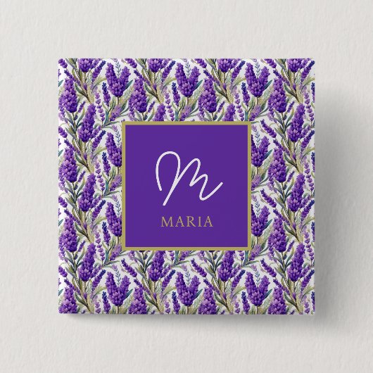 Atemberaubendes Lila Lavendermuster Monogrammiert Button (Vorderseite)