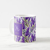 Atemberaubendes Lila Lavendermuster Monogrammiert Kaffeetasse (Vorderseite Links)