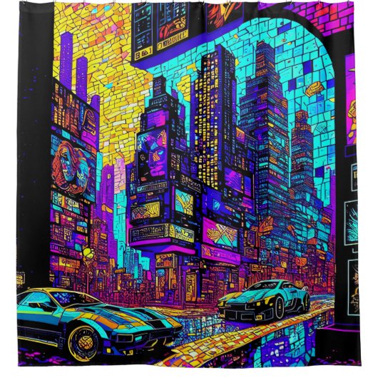 Atemberaubendes Mosaikglas Neon Cyberpunk Stadt Duschvorhang (Vorderseite)