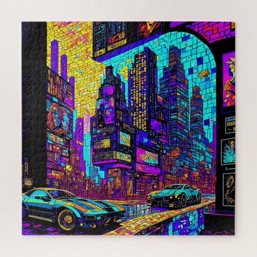 Atemberaubendes Mosaikglas Neon Cyberpunk Stadt Puzzle (Vertikal)