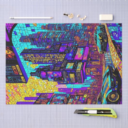 Atemberaubendes Mosaikglas Neon Cyberpunk Stadt Seidenpapier (Handwerk)