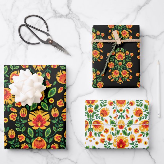 💛 🧡 ❤️ Atemberaubendes polnisches Folk Wycinanki Geschenkpapier Set (Vorderseite)