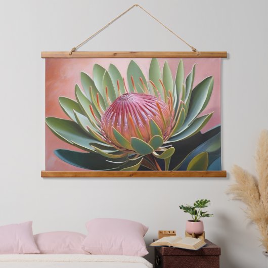Atemberaubendes Protea Gemälde Lebhafte Blüte Wandteppich Mit Holzrahmen (Schlafzimmer)