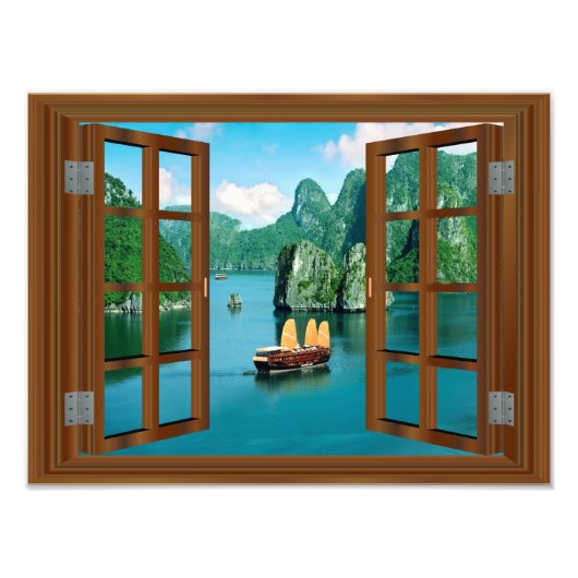 Atemberaubendes Sailboat Asian Mountains Window Fotodruck (Vorne)