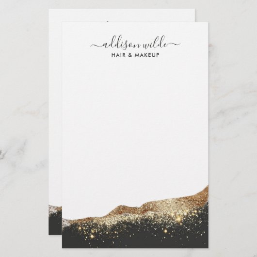 Atemberaubendes Schwarz-Gold-Glitzer-Trendskript Briefpapier (Vorne/Hinten)