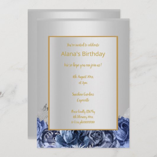 ATEMBERAUBENDES SILVER- & BLUE-FLORALPATTER GANZ G EINLADUNG (Vorne/Hinten)