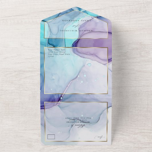 Atemberaubendes Violet Aqua Abstrakt Tinte All In One Einladung (Außenbereich)