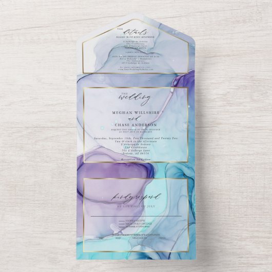 Atemberaubendes Violet Aqua Abstrakt Tinte All In One Einladung (Innen Boden)