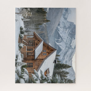 Atemberhende Winter-Blockhütte in den Bergen Puzzle