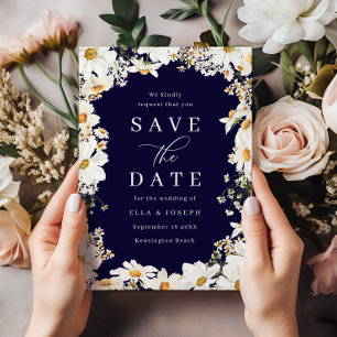 Atembermende weiße Blumen & tiefe Navy-Hochzeit Save The Date