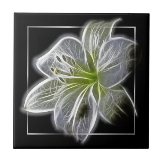 Atembermende weiße Lilien-Fraktal-Kunst Schwarz Fliese (Vorderseite)