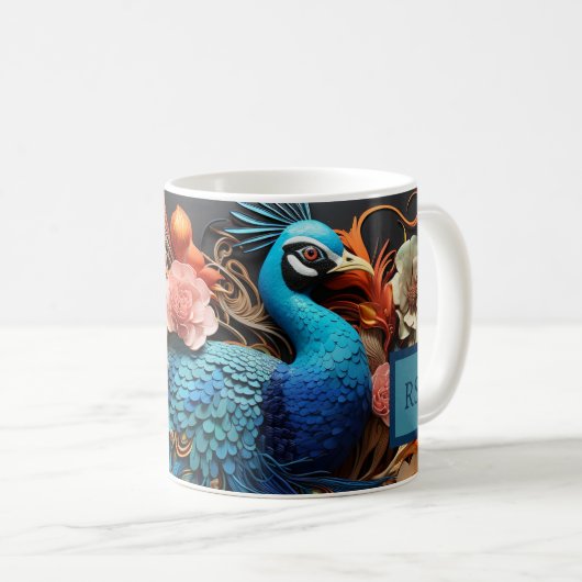 Atembermug mit individuellem Monogramm Pfau Kaffeetasse (VorderseiteRechts)