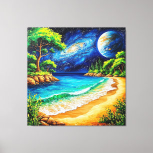 Atembernachtung von Strand und Galaxie Leinwanddruck