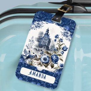 Atemberndes Schloss Blumen Blau toile de jouy Mono Gepäckanhänger