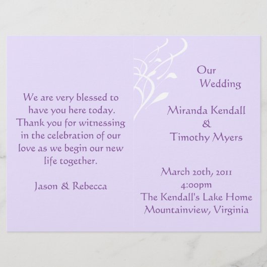 Atemlose Hochzeitsprogramme für leichte Lavendel (Vorderseite)