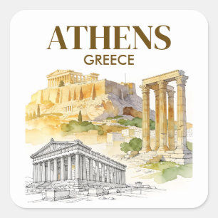 Athen Griechenland Akropolis Aquarell-Skizze indiv Quadratischer Aufkleber