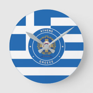 Athen, Griechenland - Emblem und Flagge Runde Wanduhr
