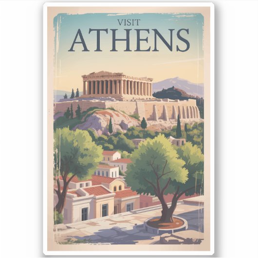 Athen Griechenland Illustration Travel Art Vintag Aufkleber (Vorderseite)