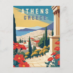 Athen Griechenland Reise Kunst mit roten Blumen Postkarte
