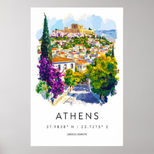 Athen Wasserfarbe Reisepark Ski Plakat Vintage