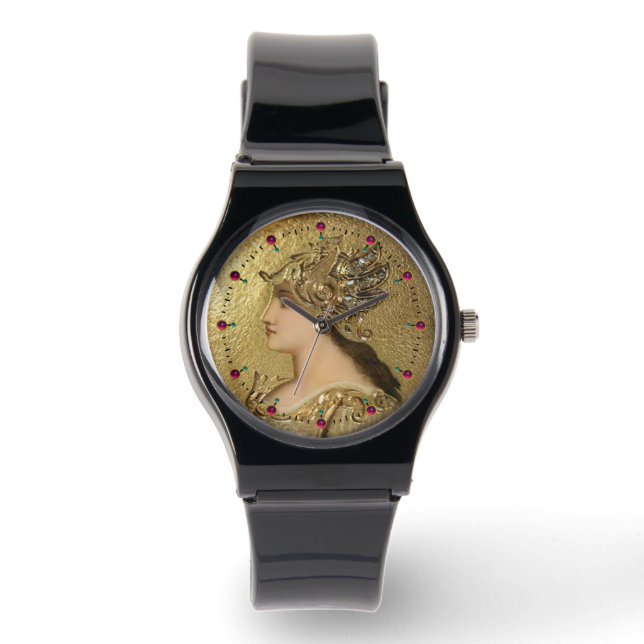 ATHENA PORTRAIT MIT GOLDEN HELMET,GRIFFINEN, RUBY ARMBANDUHR (Vorderseite)