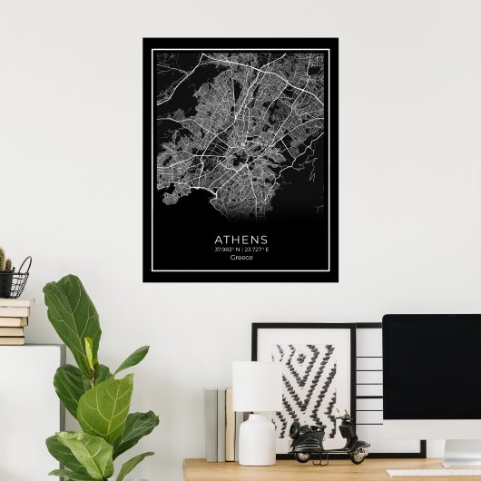 Athens City Map - Athnes Black Map Poster (Heimbüro)