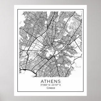 Athens Map - Athnes Black & White Map Poster