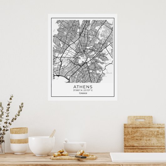 Athens Map - Athnes Black & White Map Poster (Küche)
