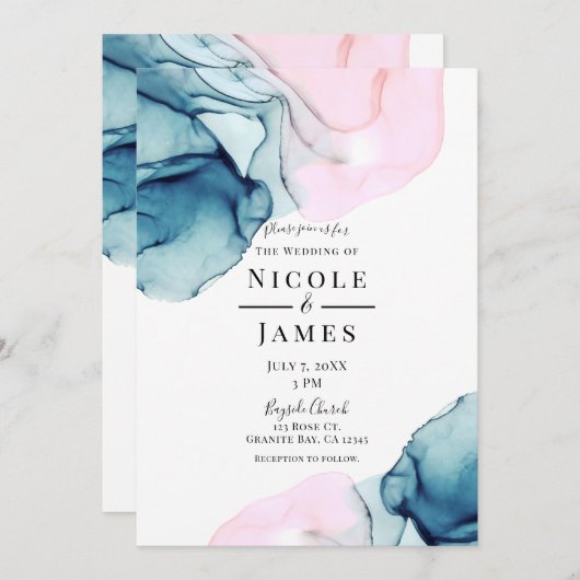 Ätherisch Aquamarin rosa Elegant Inky Moderne Hoch Einladung (Vorne/Hinten)