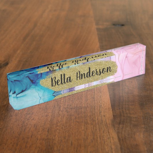 Ätherisch Aquamarin rosa Elegant Inky Modernes Gla Namensplakette (Seite)