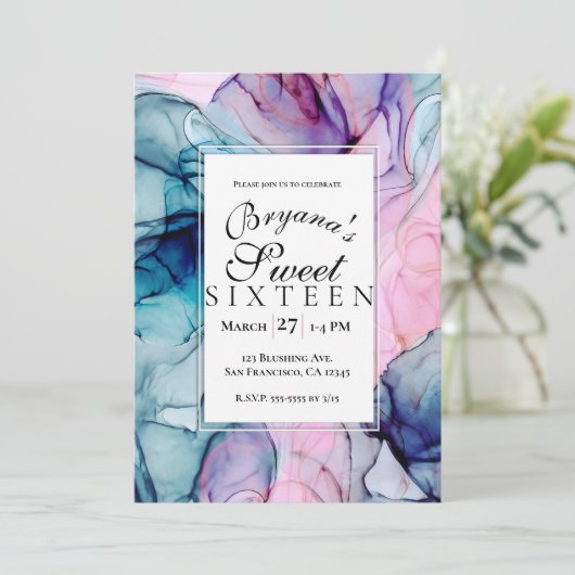 Ätherische Aquamarin rosa Lila Tinte Modernes Glam Einladung (Stehend Vorderseite)