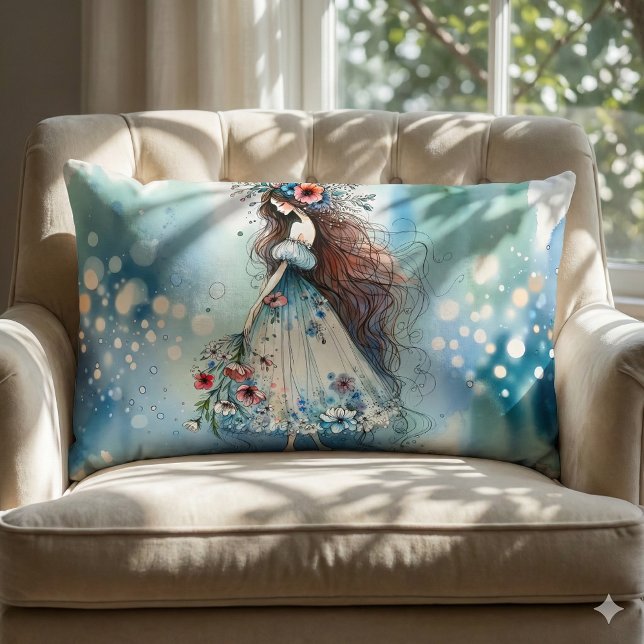 Ätherische Blume Faia Watercolor Dreamscape Lendenkissen (Ethereal Flower Fairy in Watercolor Dreamscape Lumbar Pillow Mockup A)