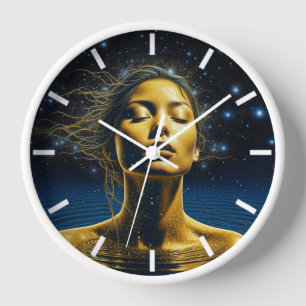 Ätherische Frau meditiert unter den Sternen Uhr