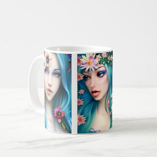 Ätherische Frauen mit Blume in ihrem blauen Haar Kaffeetasse (Vorderseite Links)