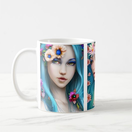Ätherische Frauen mit Blume in ihrem blauen Haar Kaffeetasse (Links)