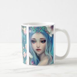 Ätherische Frauen mit Blume in ihrem blauen Haar Kaffeetasse