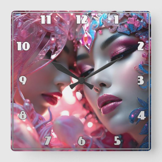 Ätherische Gesichter in farbenfrohen Blumengestalt Quadratische Wanduhr (Vorderseite)