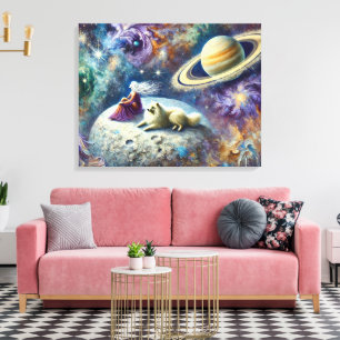 Ätherische kosmische Szene mit Frau, Hund und Satu Leinwanddruck