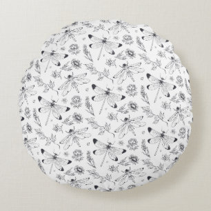 Ätherische Libelle & Botanisches Linienkunstmuster Rundes Kissen