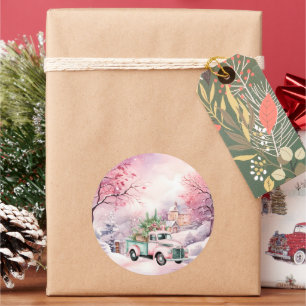 Ätherische Pastelle Vintag rosa und grüner LKW Runder Aufkleber