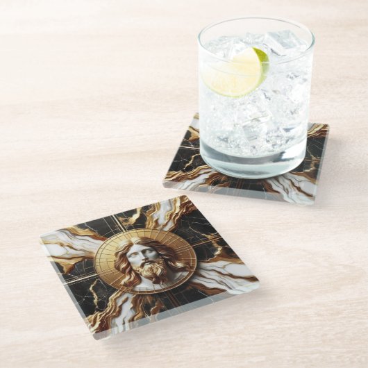 Ätherische Präsenz Gesicht von Jesus in Marmor geh Glasuntersetzer (Schrägansicht)