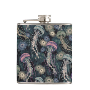 Ätherische Quallen und Anemone in Aquamarin und ro Flachmann