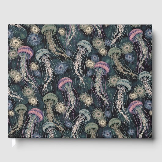 Ätherische Quallen und Anemone in Aquamarin und ro Gästebuch (Vorderseite)