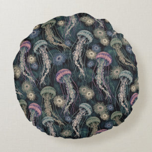 Ätherische Quallen und Anemone in Aquamarin und ro Rundes Kissen