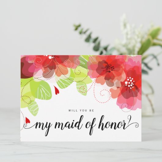 Ätherische rote Blume werden meine Trauzeugin sein Einladung (Stehend Vorderseite)