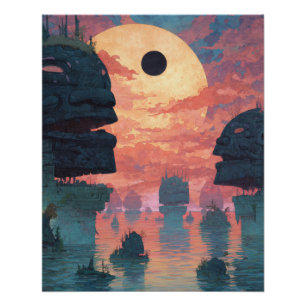 Ätherische Sonnenfinsternis über nebligen Klippen Poster