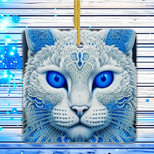 Ätherische weiße Katze mit blauen Augen Weihnachte Keramikornament